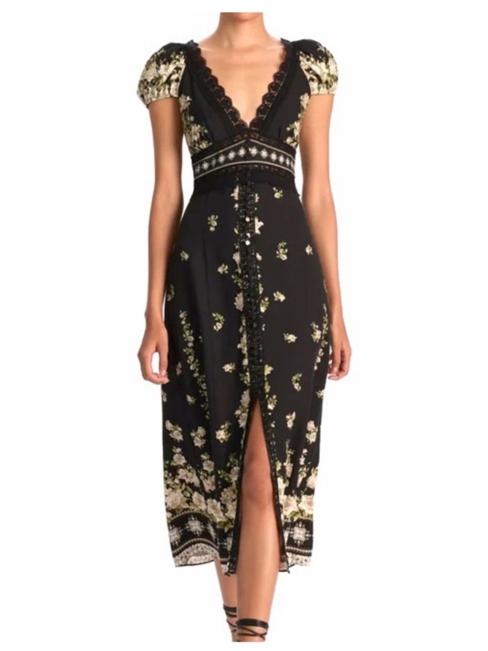 Alice + Olivia Free Falling Black Floral V-Neck Midi Dress